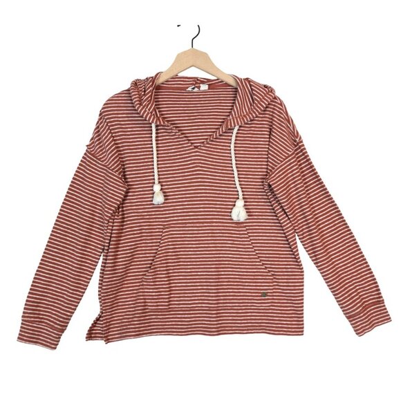 Roxy Rust White Striped Hoodie Size M Cotton Blend Pullover Casual Surf Skater - Picture 1 of 7